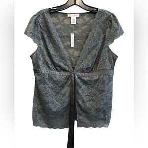 White House Black Market Slate Empire Waist Lace Cardigan with Satin Tie Medium